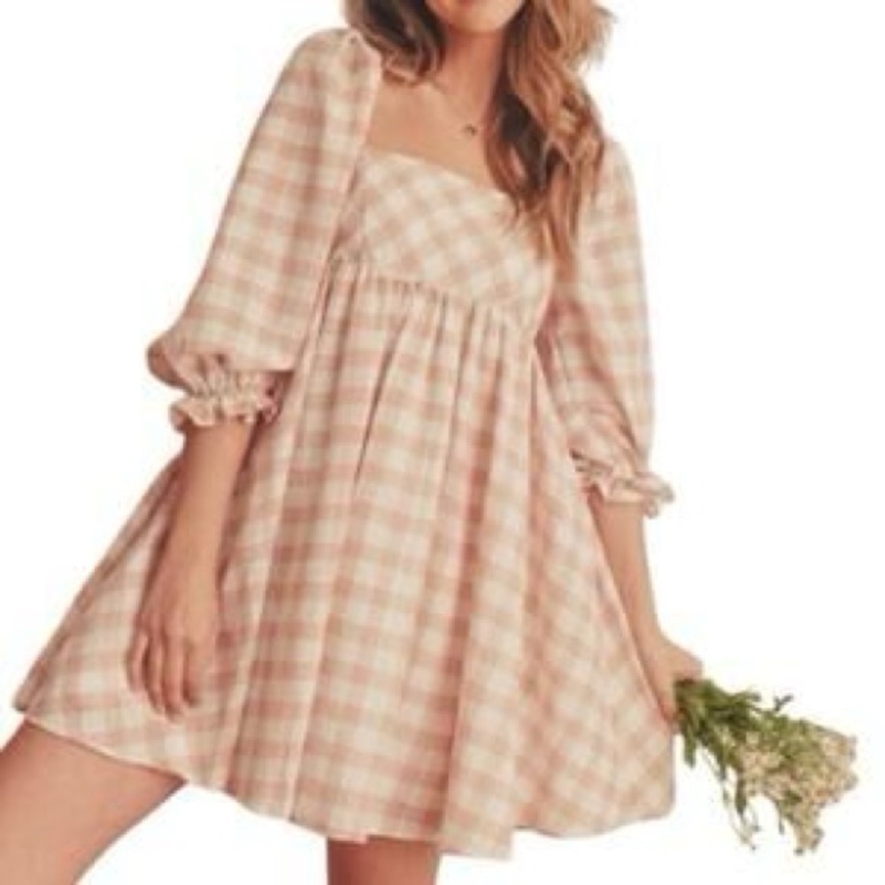 NWT Storia Pink &White Check Plaid Smocked Pleated Dress.  Sz M. - Picture 8 of 9